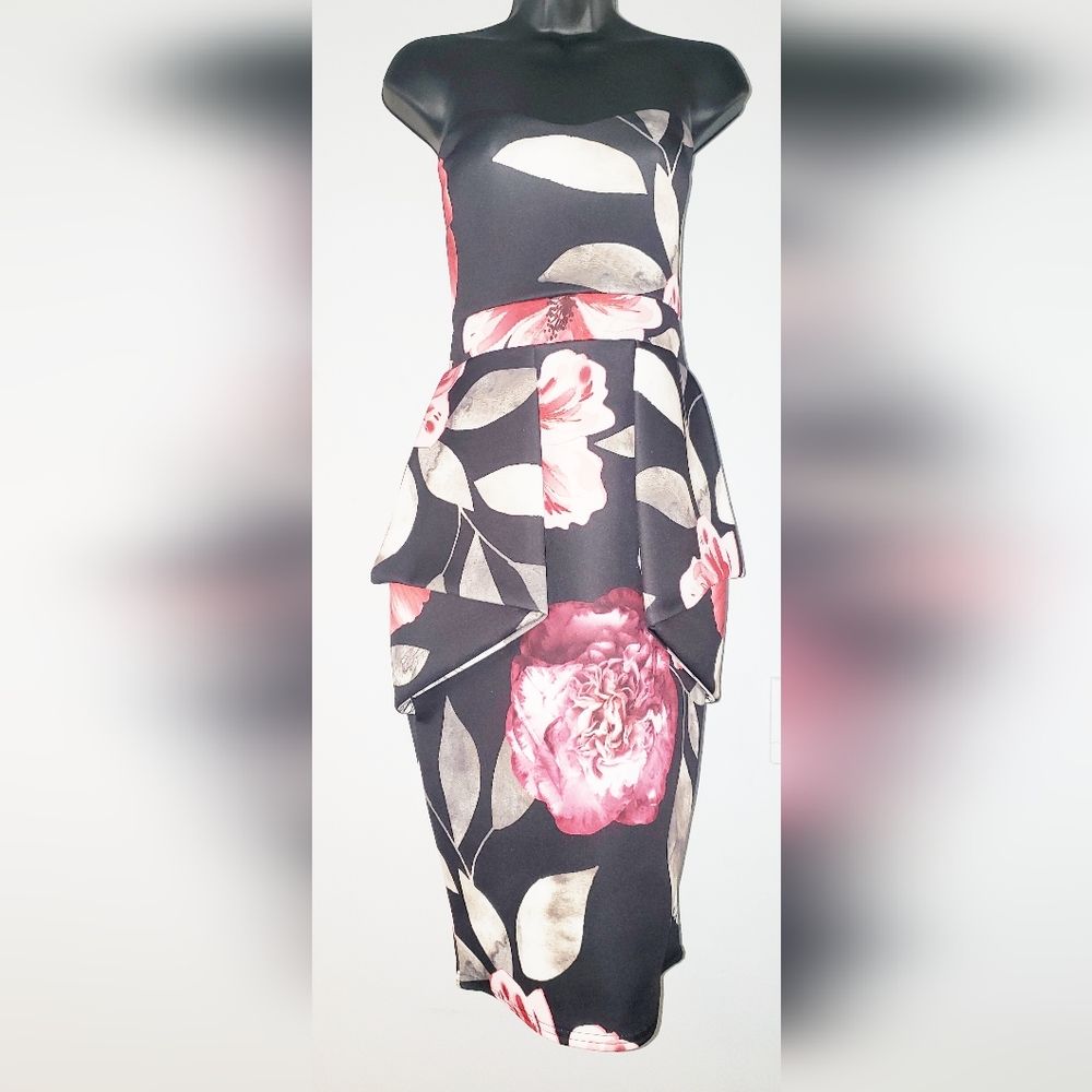 NWT Boohoo Plus Floral Strapless Peplum Dress